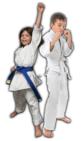 Martial Arts Lessons for Kids in Mobile AL - Happy Blue Belt Girl and Focused Boy Banner